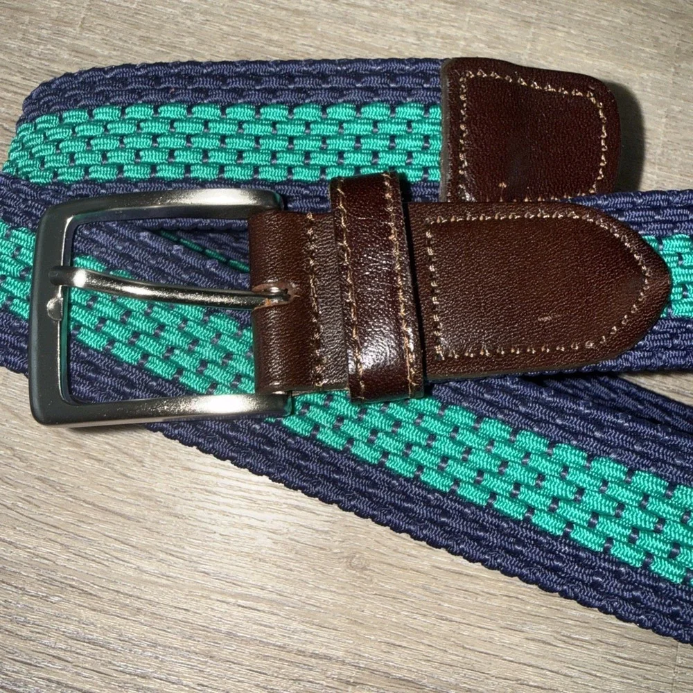 Lands' End Dark Blue & Green Woven Belt Leather Buckle Preppy Size M Made USA